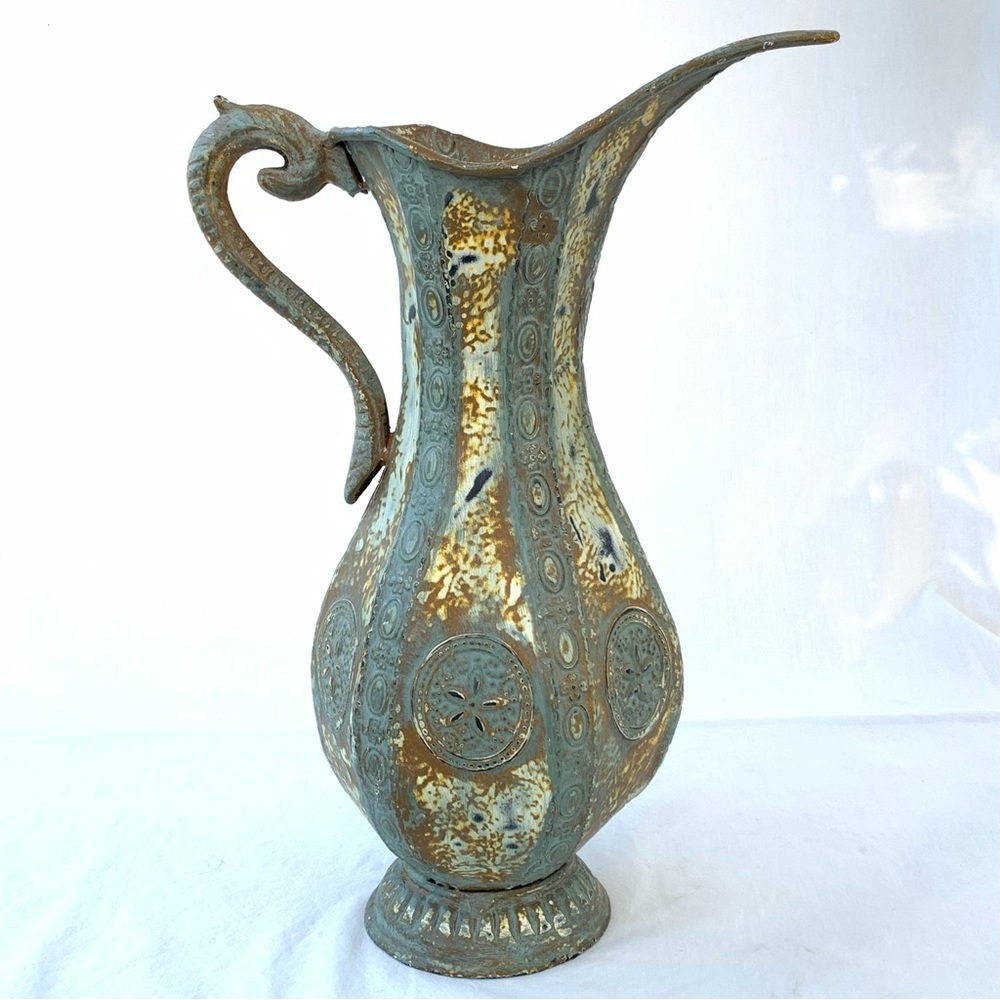 Rustic Textured Intricate Pattern Metal Footed Decorative Pitcher Vase